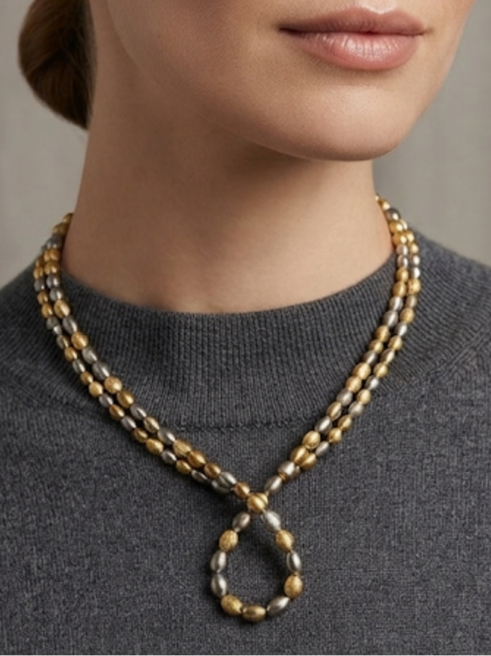 Two-Tone Gold and Silver Beaded Necklace - Women Jewelry